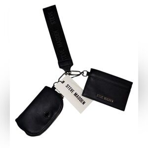 NWT Steve Madden Black Flat Wallet, Key Chain and Pouch Set